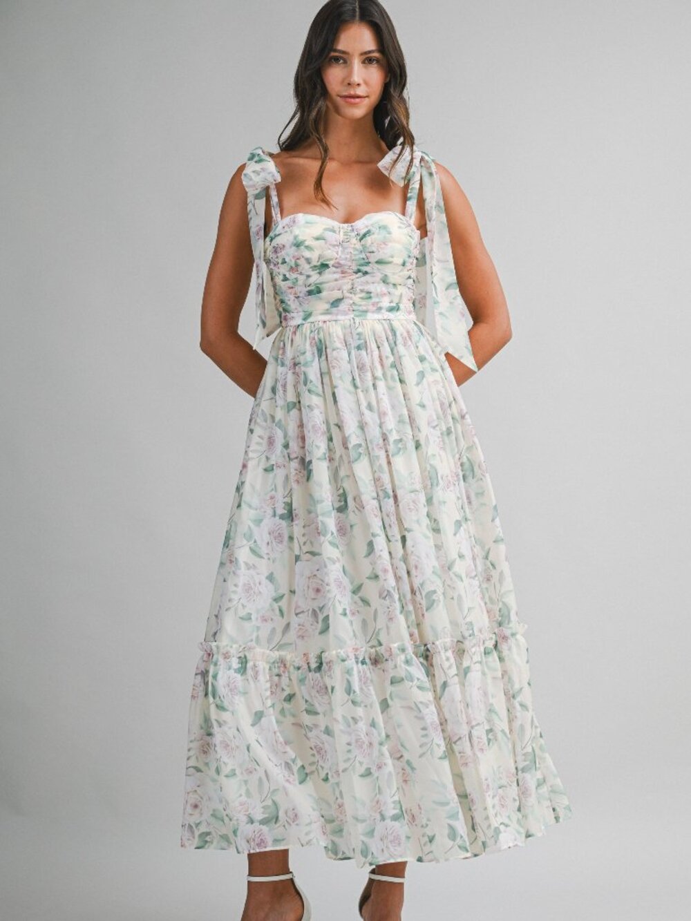 Floral Bust Ruched Midi Dress With Shoulder Tie